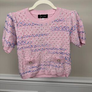 Lilu Lilu, Size S, Pink short-sleeve knit top, crew neck.